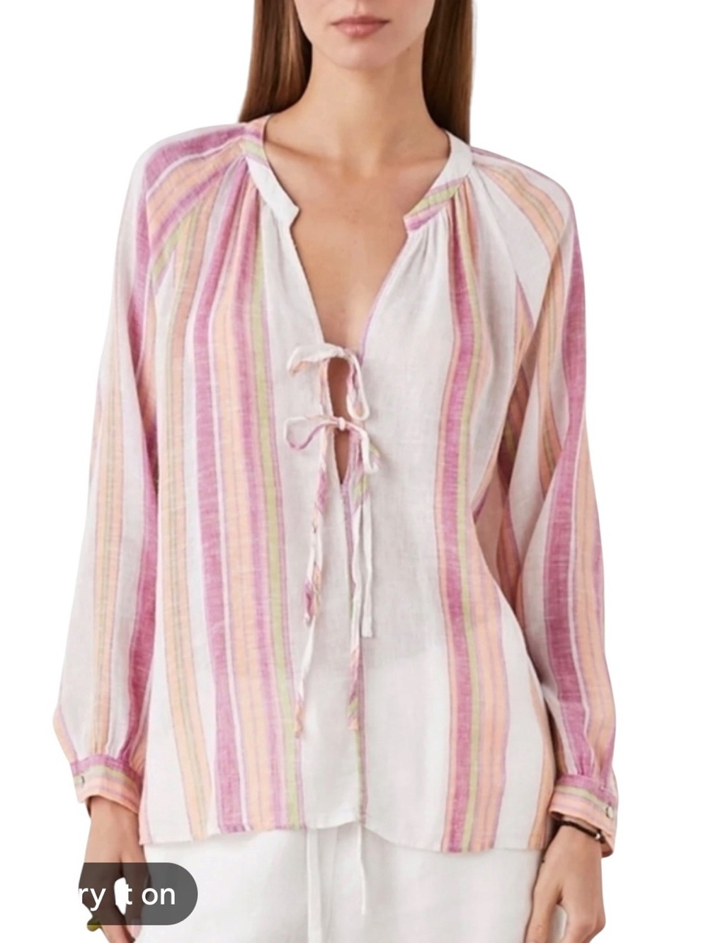 Rails Brielle Linen Top Hibiscus Stripe Tie Front Long Sleeve Blouse XL